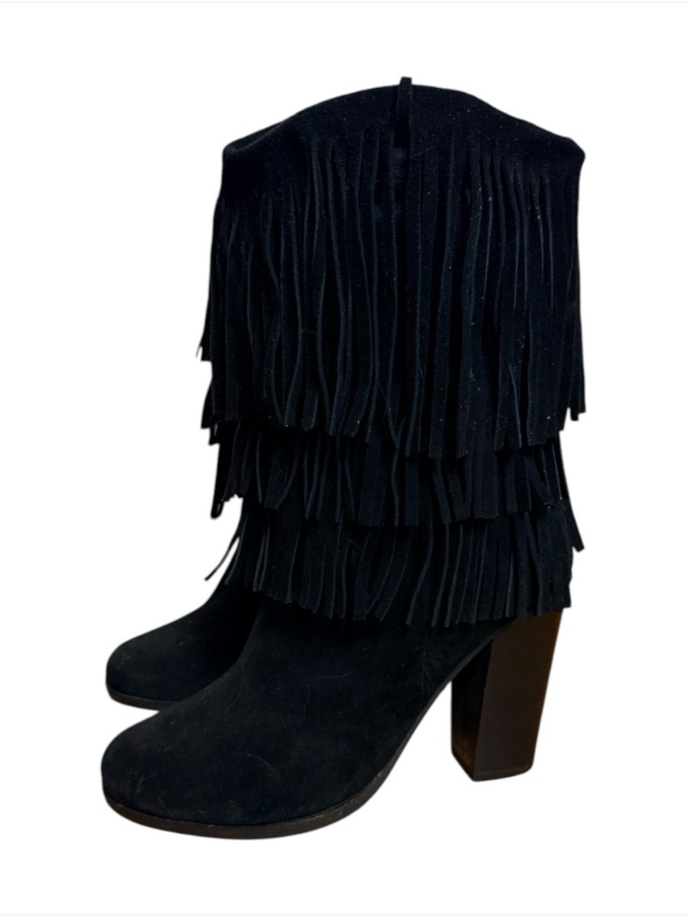 Jeffrey Campbell black fringe boots